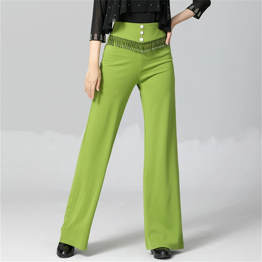 Women's high-waisted Latin dance performance pants Girls Belt beading Cha-cha, Rumba Latin wide leg pants rose color Trousers