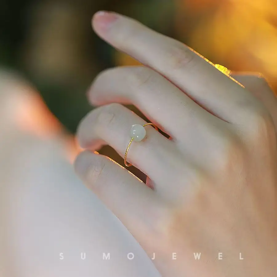 925 silver ring and Hetian jade simple vintage niche high-end open adjustable women's accessories