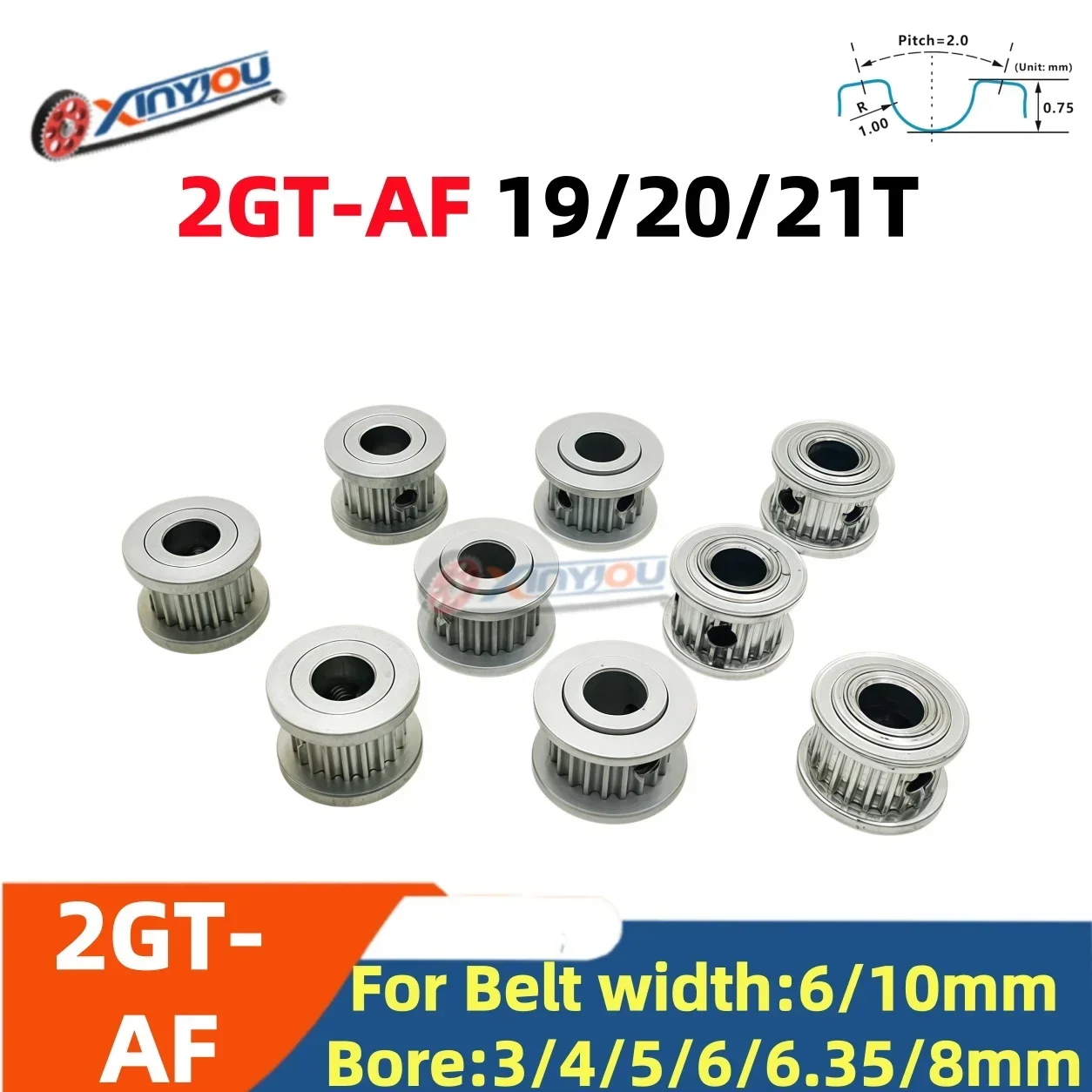 2GT GT2 AF Type 19T 20T 21T Aluminum Timing Pulley Bore 3mm 4mm 5mm 6mm 6.35mm 8mm for 6mm 10mm Belt 3D Printer CNC Pulley Wheel