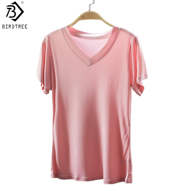 

Birdtree, Silk Blended Solid Tshirt, V-neck Tops, Women's Knitted Short Sleeve Basics Shirt, 2026 Spring Summer Clothes T61827JF
