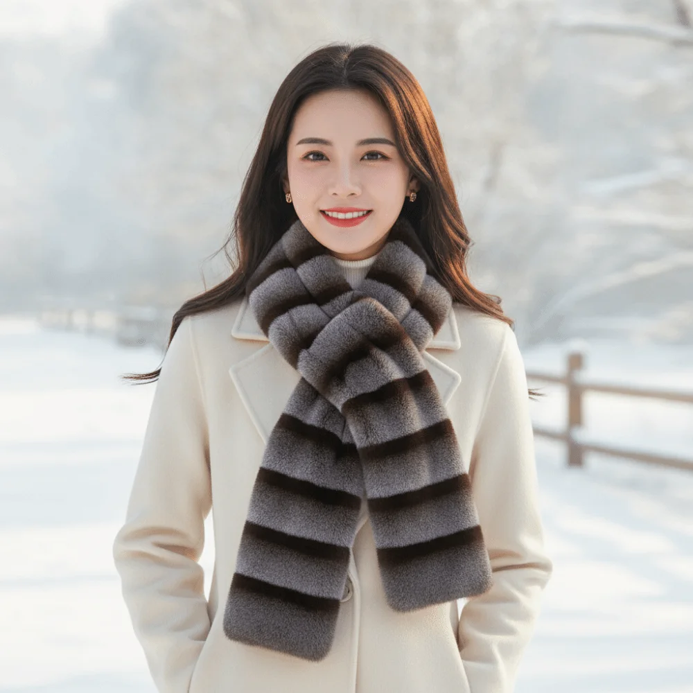 Contrast Color Shawl Faux Striped Fur Scarf Soft Thick Plush Long Muffler Multicolor Elongated Fleece Neckwear Holiday Gifting