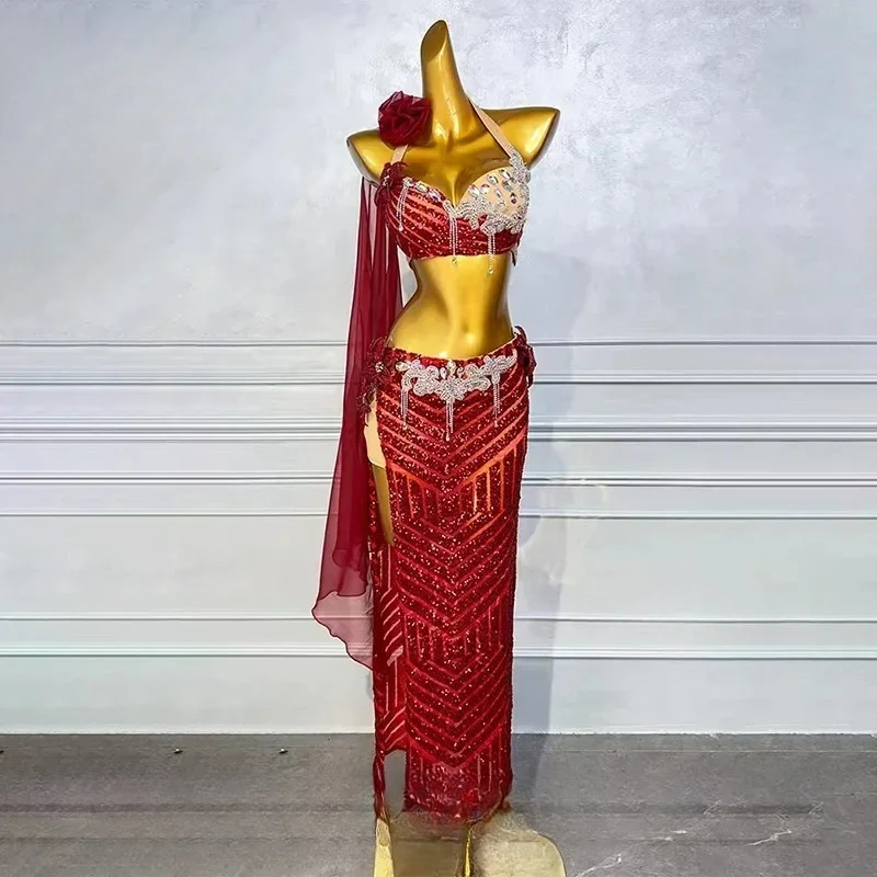 

Oriental Dance Professional Performance Costume Belly Dance Senior AB Stones Bra+Sexy Split Sequin Long Skirt 2pcs