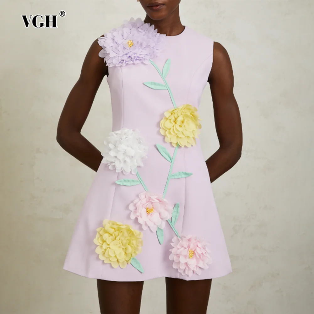 

VGH шикарные короткие платья с аппликацией для женщин, элегантное платье без рукавов с высокой талией и круглым вырезом, женское модное новое платье