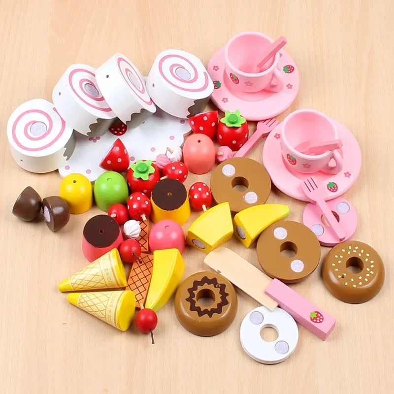 NEW Wooden Toys Strawberry Simulation Cake/Afternoon Tea Set Cut Game Pretend Play Kitchen Food Child Birthday Gifts  