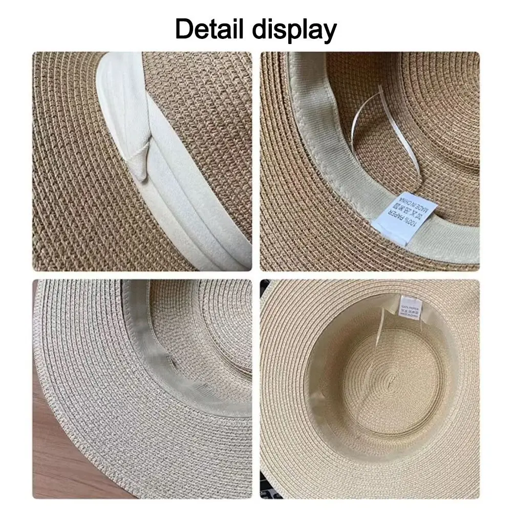 Süßer Strohhut mit breiter Krempe, quadratischem Band und UV-Schutz – Strandhüte – Detail 3