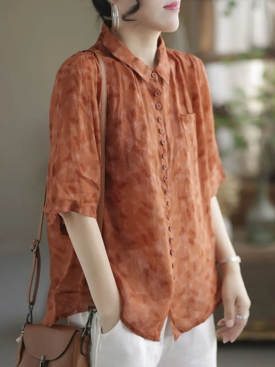 

Summer 2025 Women's Loose Fit Cotton Linen ort Sve irt Vintage Print High End Slimming Korean Sle Commute Faion