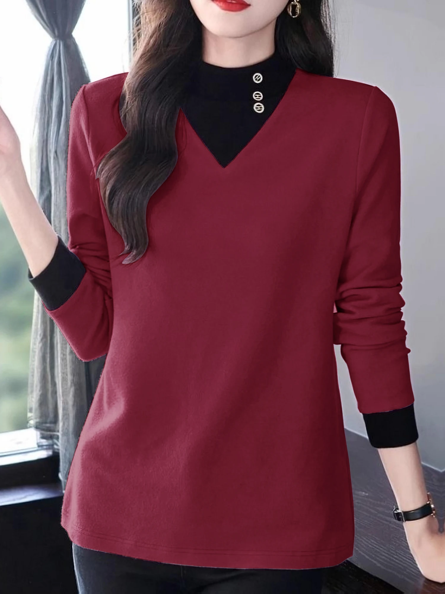 Hemd mit halbem Rollkragen für Damen, Herbst und Winter 2022, neues langärmeliges deutsches Samt-T-Shirt, doppelseitig gebürstetes Oberteil