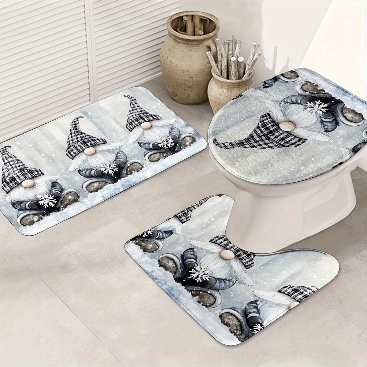 Christmas Gnome Bathroom Mat Set, Grey Plaid Gnome Snowflake Winter Print, Soft Cozy Washable
