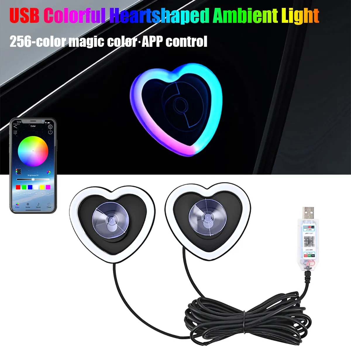 

1/2PCS USB Heart-shaped Neon Atmosphere Light with Suction Cup Colorful Car LED Front Rear Windowsheid Decoration APP Control