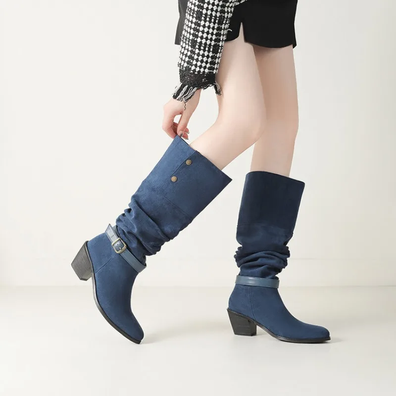 

Новые сапоги до колена «Челси» на толстом каблуке 6,5 см с заклепками и пряжкой, осень-зима, коричневые, черные замшевые женские сапоги в стиле ретро, размер 34-43