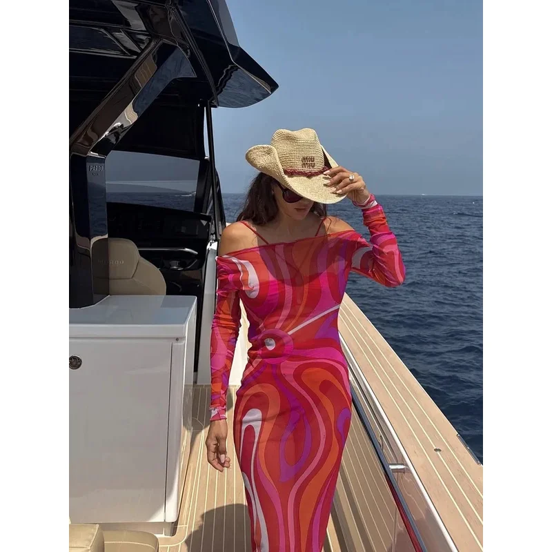 2026 Women Whirlpool Pattern Surrounding Printed Chiffon Translucent Sexy Long Dress