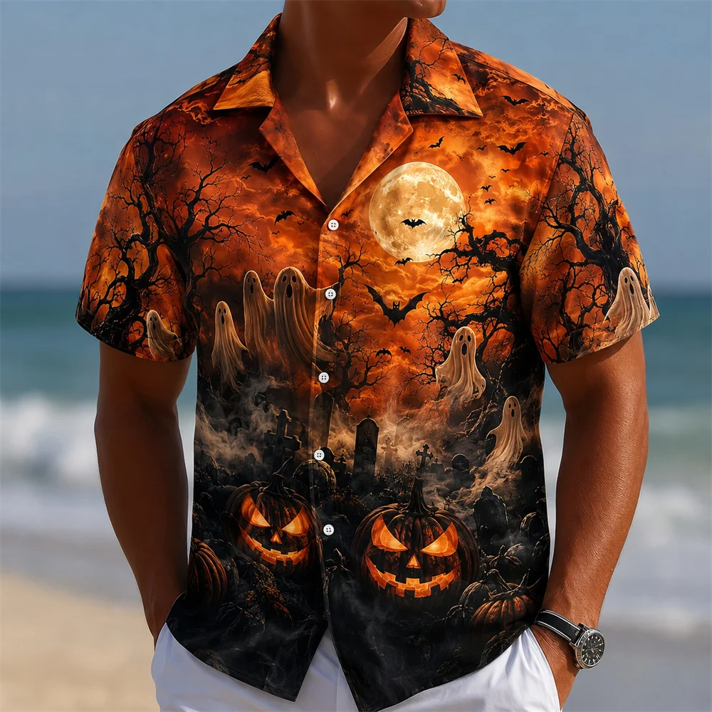 Happy Halloween Jack O Lantern Moon Shirt For Men 3D Print Bat Short Sleeve Shirt Horror Halloween Party Costume Top 2026 New