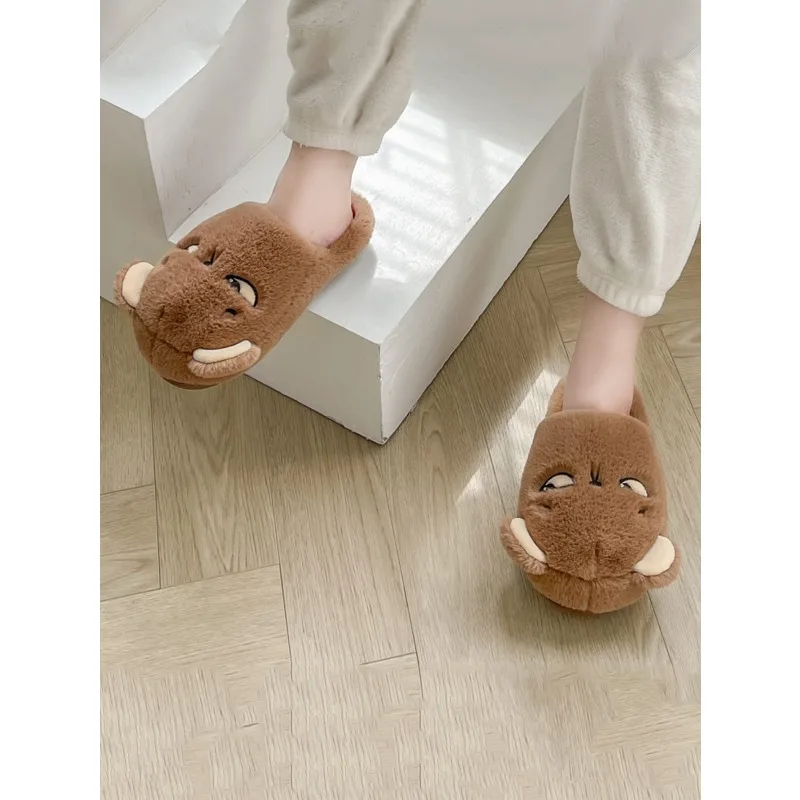 2026 New Winter Cute Bear Plush Slippers For Men Soft Warm Open Toe Slip On Shoes Non Slip Indoor Household Casual Footwear
