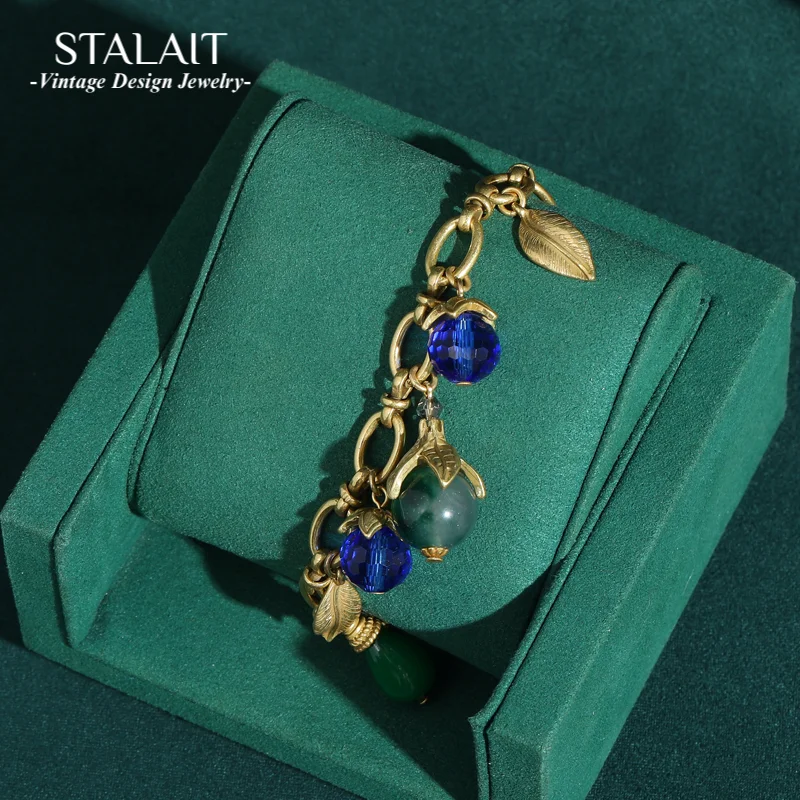 

Vintage Natural Stone Green Glass Bracelet For Woman Gold Color Leaf Chain Charms Luxury Girlfriend Wedding Accessories 2025
