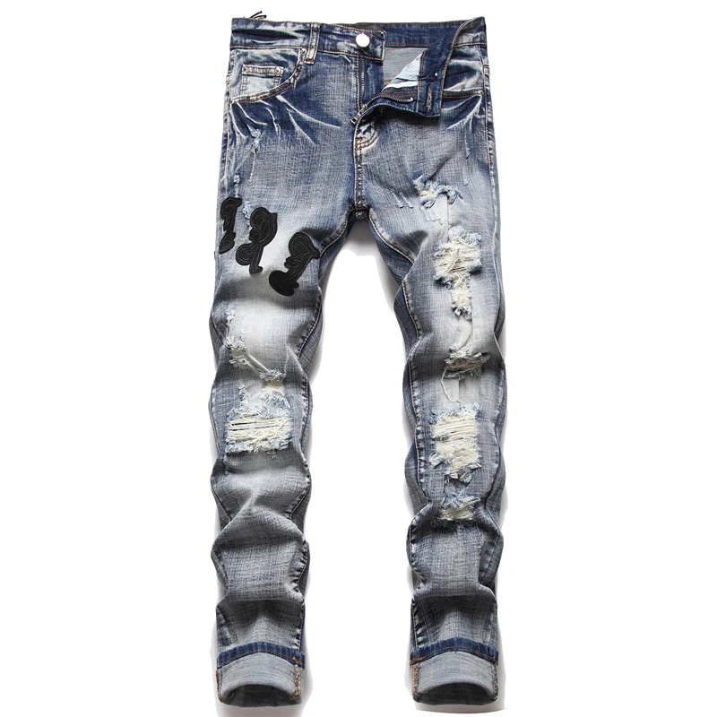 

European Brand High-quality Distressed Letter Patchwork Embroidered Slim Fit Ripped Jeans Men Trend Skinny Stretch Denim Pants