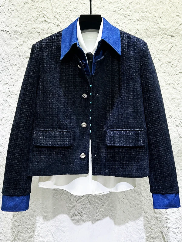 

Autumn Winter Plaid Color Block Collar Men's Fashionable Short Velvet Jacket Luxury Sensation Fake Two-Piece Little Black Dre...