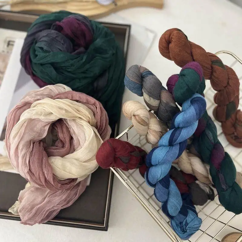 

New Female Long Fold Scarf Retro Scarf Cotton Hemp Tie-dye Gradient Shawl Spring Autumn Twist Scarf Wrinkle Gradient Hijab Scarf