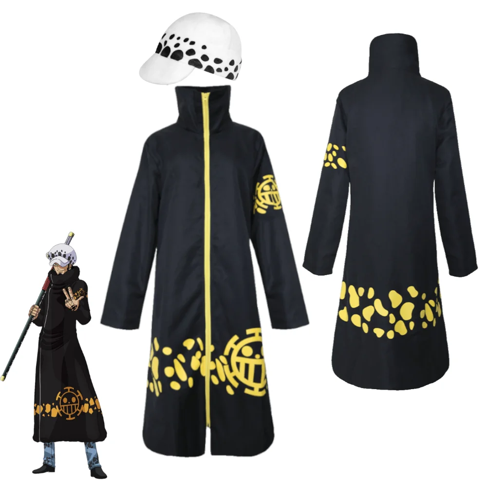 

Anime Trafalgar Law Cosplay Costume Surgeon of Death Dressrosa Arc Black Long Trench Coat with Hat Halloween Outfits for Men