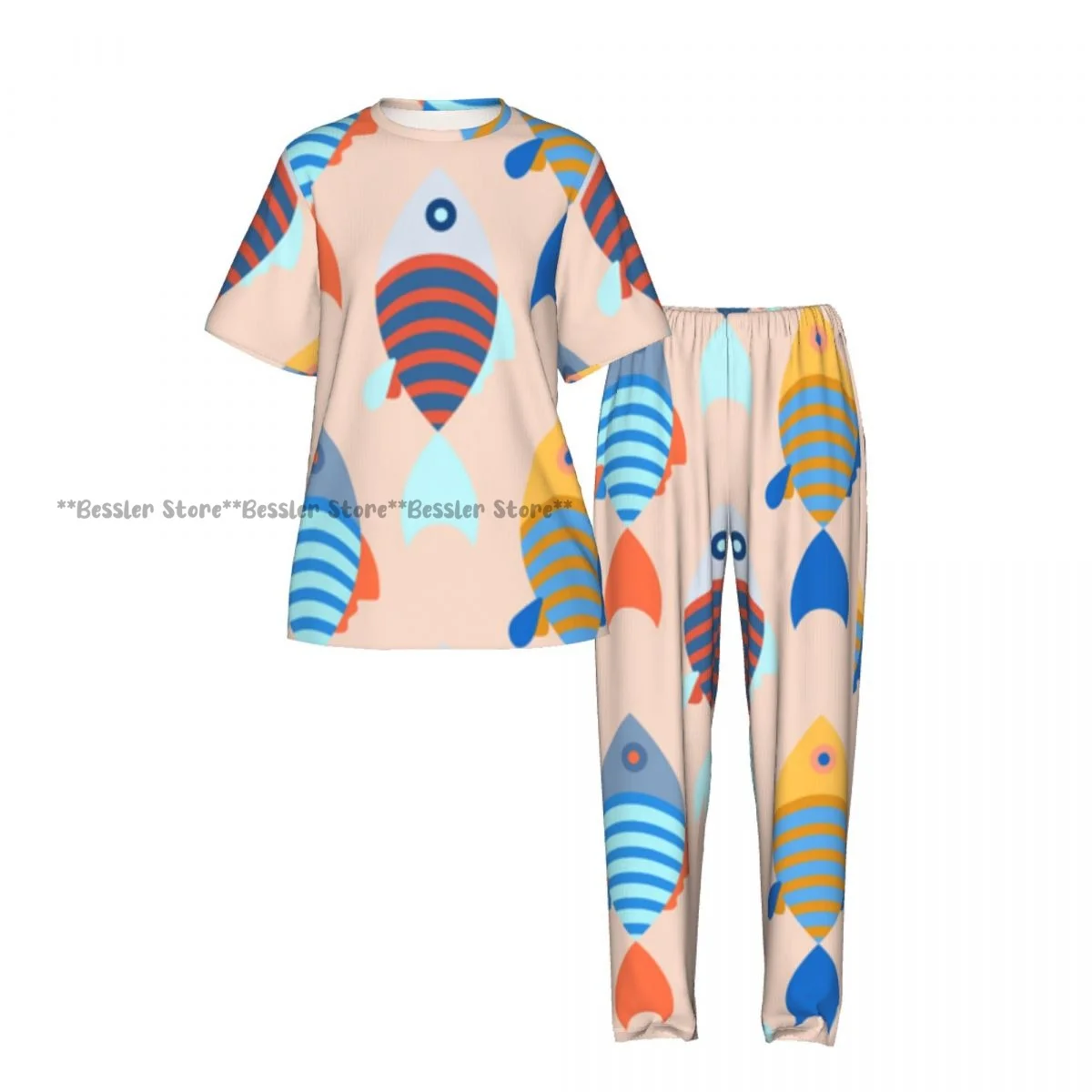 Women Pajama Sets Lounge Sleepwear Fish Bright Background Short Sleeve Nightwear view 2