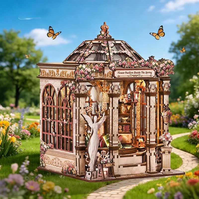 DIY Wooden Flower Pavilion Beside The Spring Miniature Model Kits With Furniture Casa Dollhouse for Friends Birthday Gifts