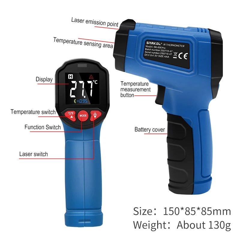 SNAKOL Infrared Thermometer Gun Kitchen & Automotive Maintenance Use High-Temperature Alarm Color Screen Display
