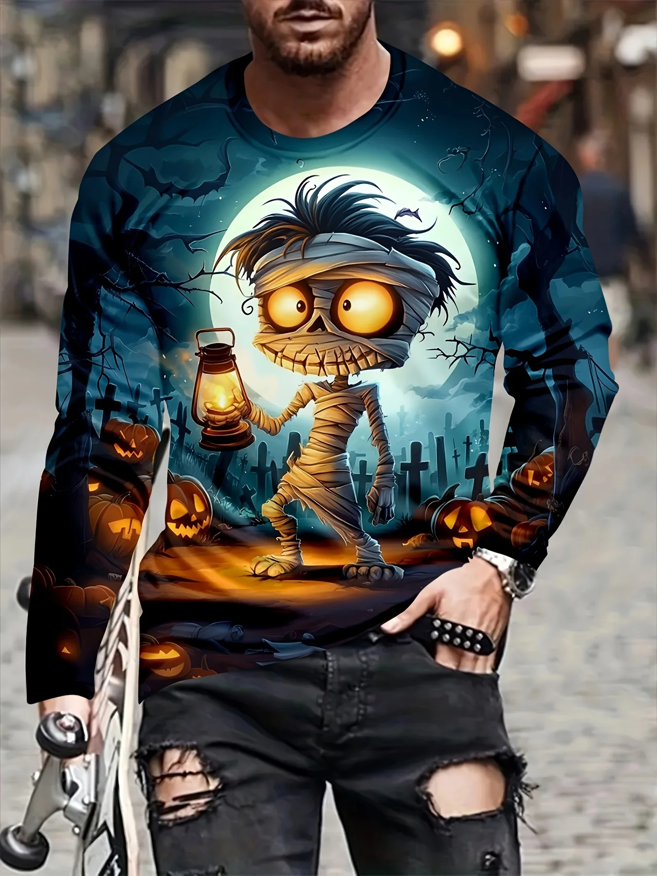 

Men's Casual Comfort Fit Long Sleeve T-Shirt with 3D Carp Print - Breathable Polyester Blend, Crew Neck