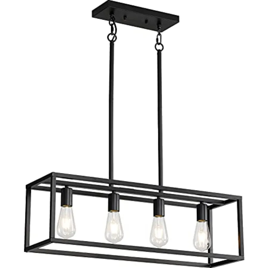 Black Industrial Vintage Chandelier Modern Linear Rectangular Cage Hanging Light Fixture for Farmhouse Kitchen Dining Room Bar