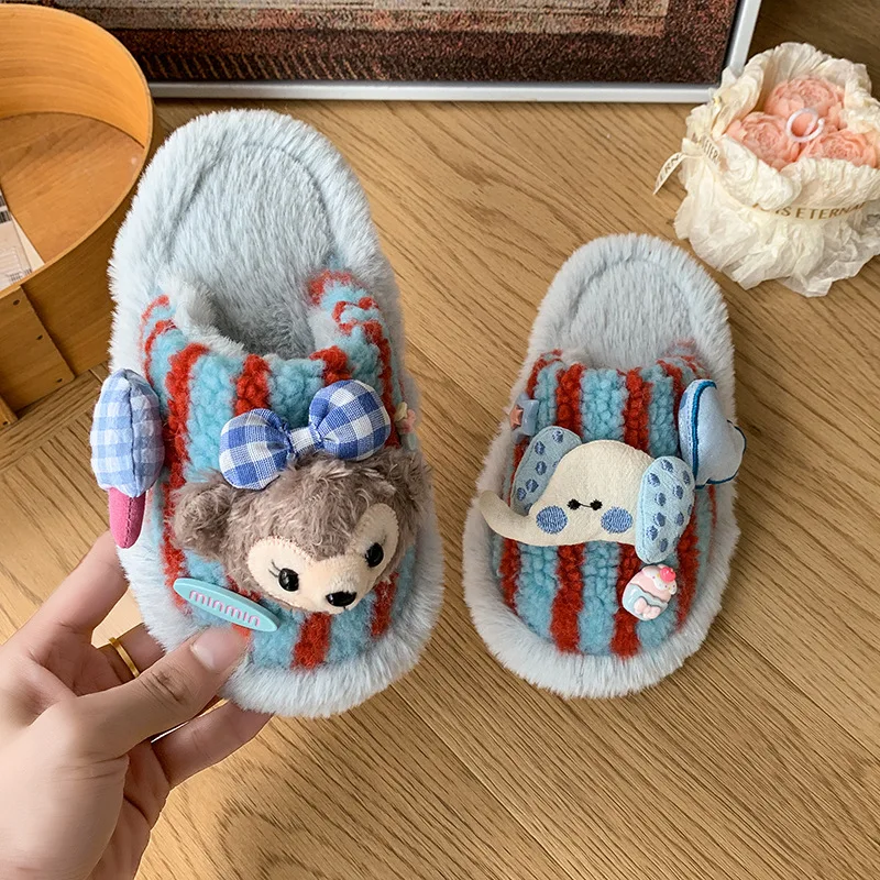 Fashionable and versatile cute teddy bear fur slippers for children's autumn and winter new style striped toe cap mop
