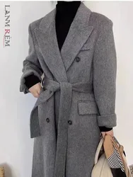 LANMREM Double Sided Wool Coat Mid Length Loose Casual Double Breasted Belt Overcoat Female Warm Clothes 2023 Winter New 2DA2313