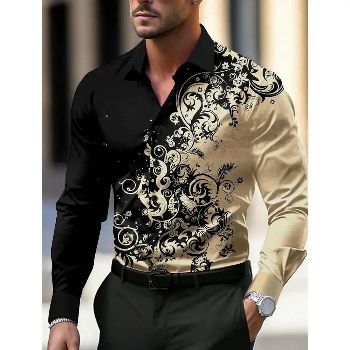 

Comfortable Long Sve Printed irt Color Blo Design Polyester Cotton Blend Men's Casual Faion Autumn Season Wear