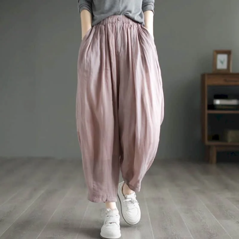 

Cotton Linen Pants Solid Elastic Waist Loose Casual Vintage Korean Style Harajuku Harem Ankle-Length Baggy Pants Women Clothing