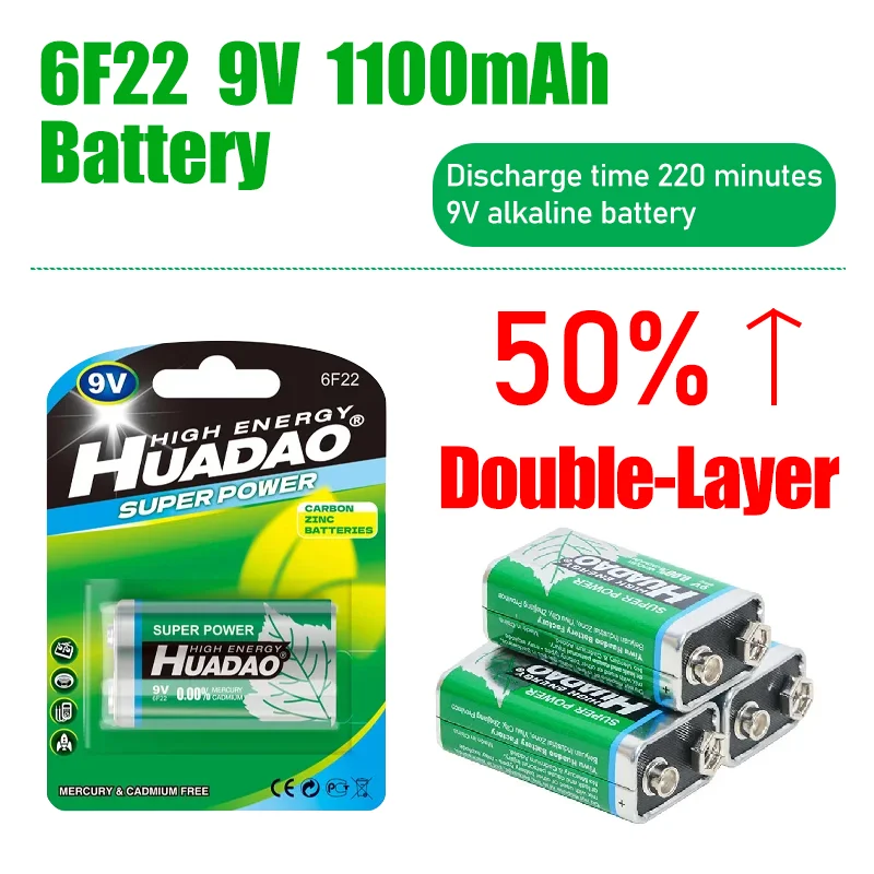 

1-40PCS disposable battery 9V alkaline battery multimeter alarm microphone 6F22carbon dry battery1100mAh for KTV electronic toys