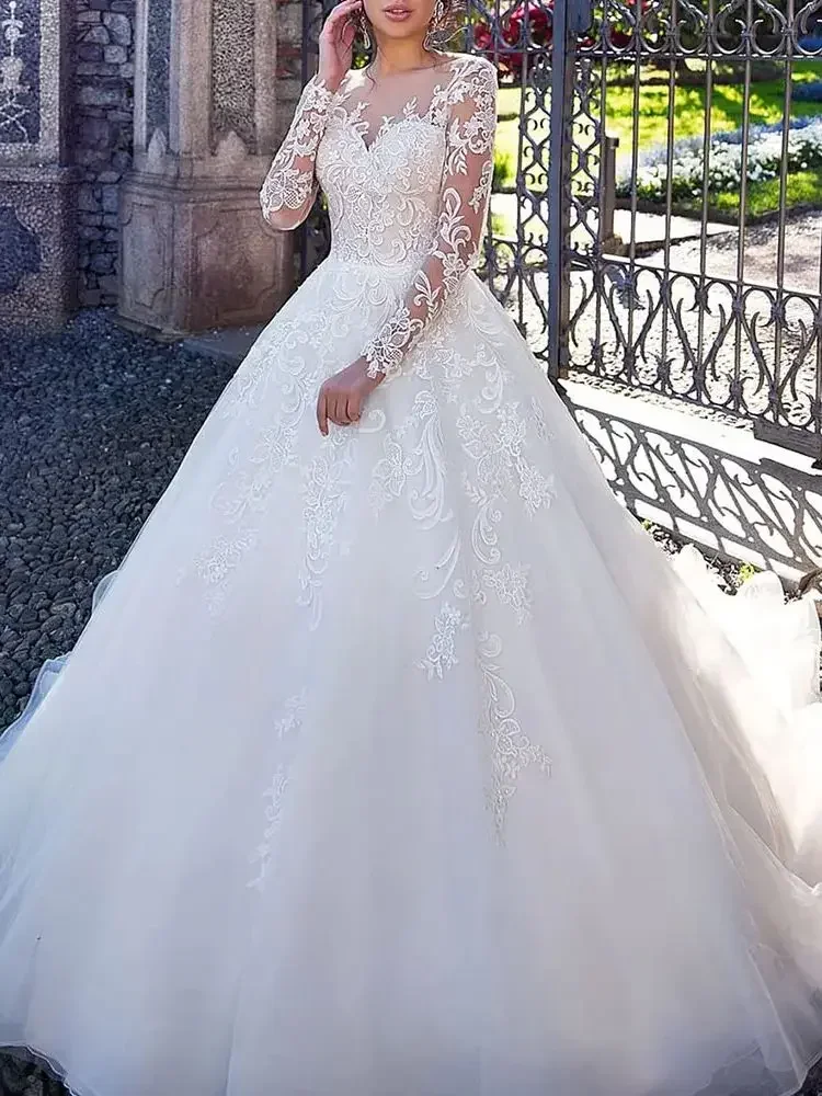 

Изящное свадебное платье трапециевидной формы, свадебные платья принцессы, 2024, роскошное белое кружевное платье с длинными рукавами для дня рождения, выпускного вечера, женское платье