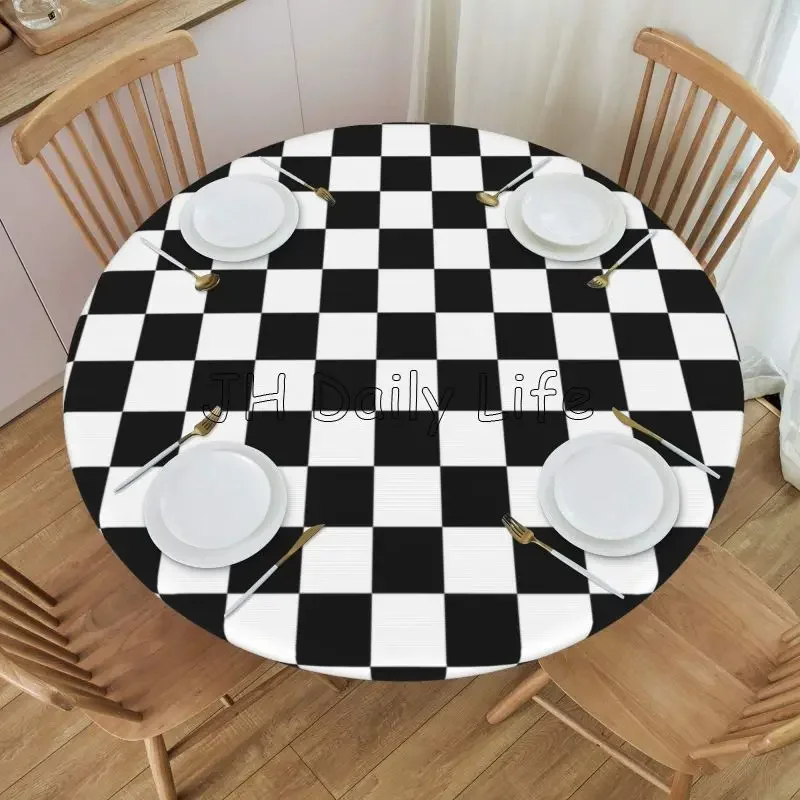 

Черно-белая клетчатая круглая скатерть, водонепроницаемая, устойчивая к пятнам и морщинам, моющаяся тканевая скатерть
