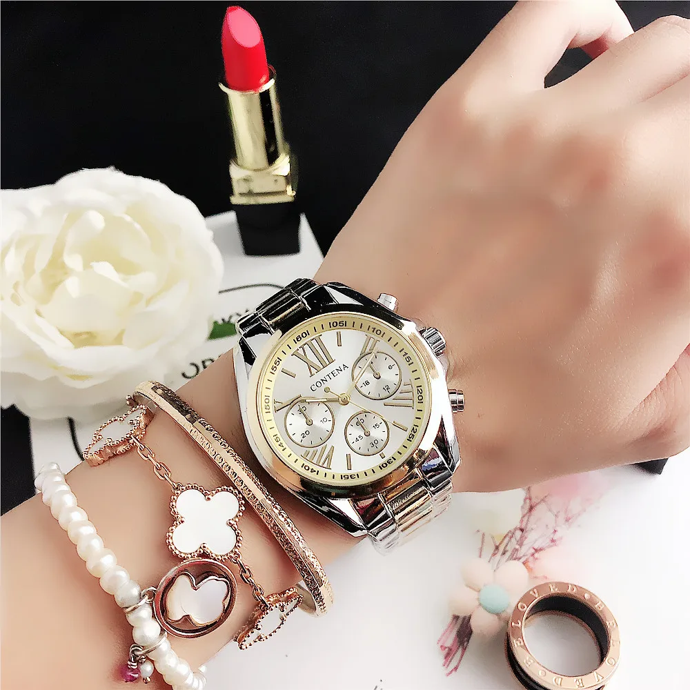 CONTENA Women Watches Top Brand Luxury Stainless Steel Ladies Quartz Wristwatch Fashion Gold Silver Female Clock Reloj Mujer