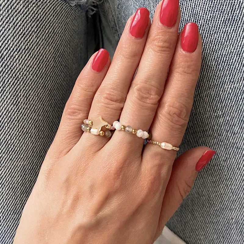 Stretch Beaded Rings, Beaded Elastic Ring, Stackable Rings, Gemstone Beaded Ring - view 3