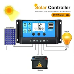 Equipped with USB Solar Charging Controller USB 12V/24V PWM 10A 30A 60A with Adjustable LCD Display Timer Setting EESBAO