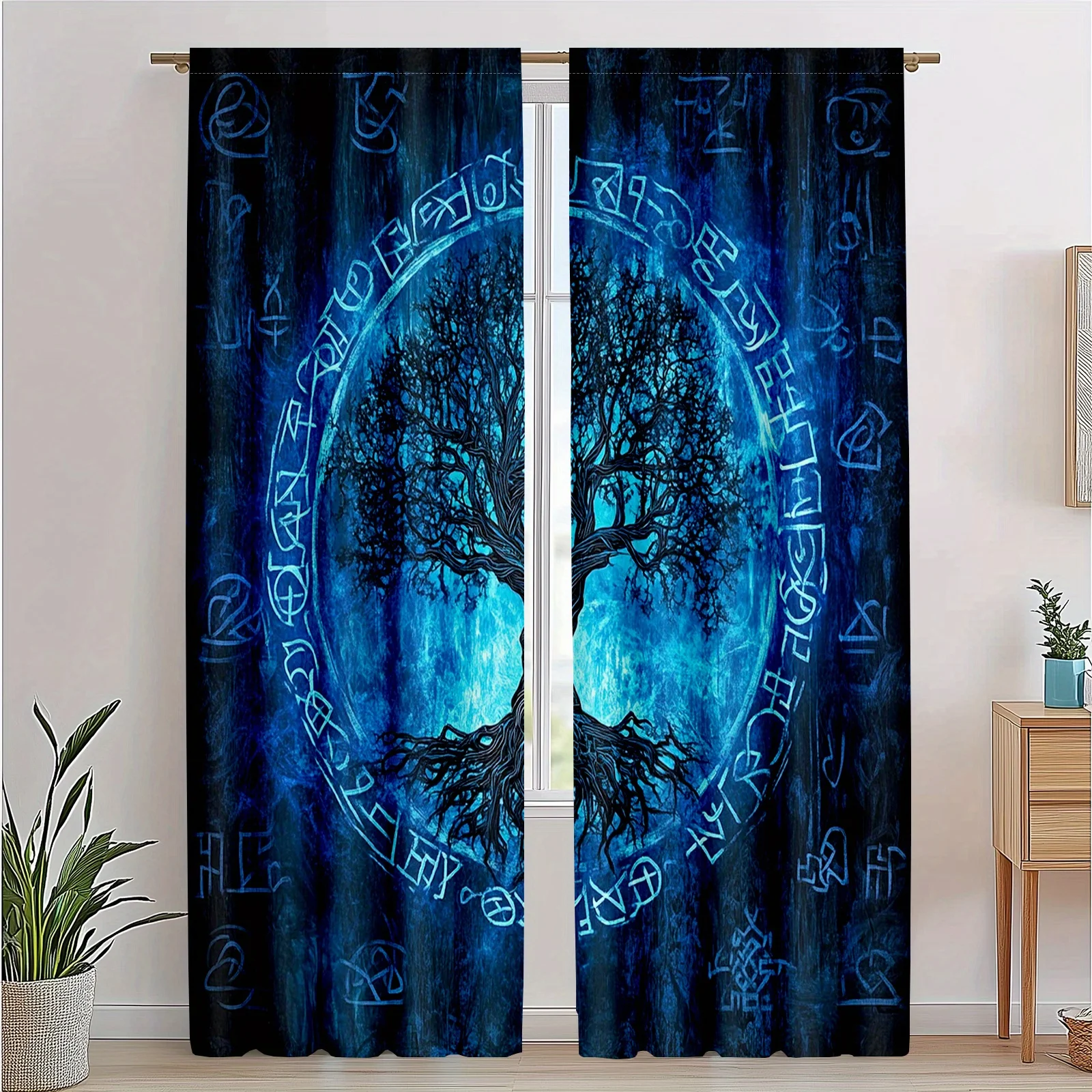Dramatic Blue Mystical Tree of Life Curtains Boho Spiritual Window Drapes Fantasy Occult Runes Living Room Panel Decor