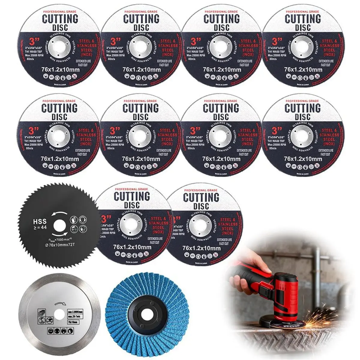 Budget-Friendly-Pack of 13 Cutting Discs, Angle Grinder Discs for 10 mm Bore, Angle Grinder Discs for Cutting Metal, Stone, Wood