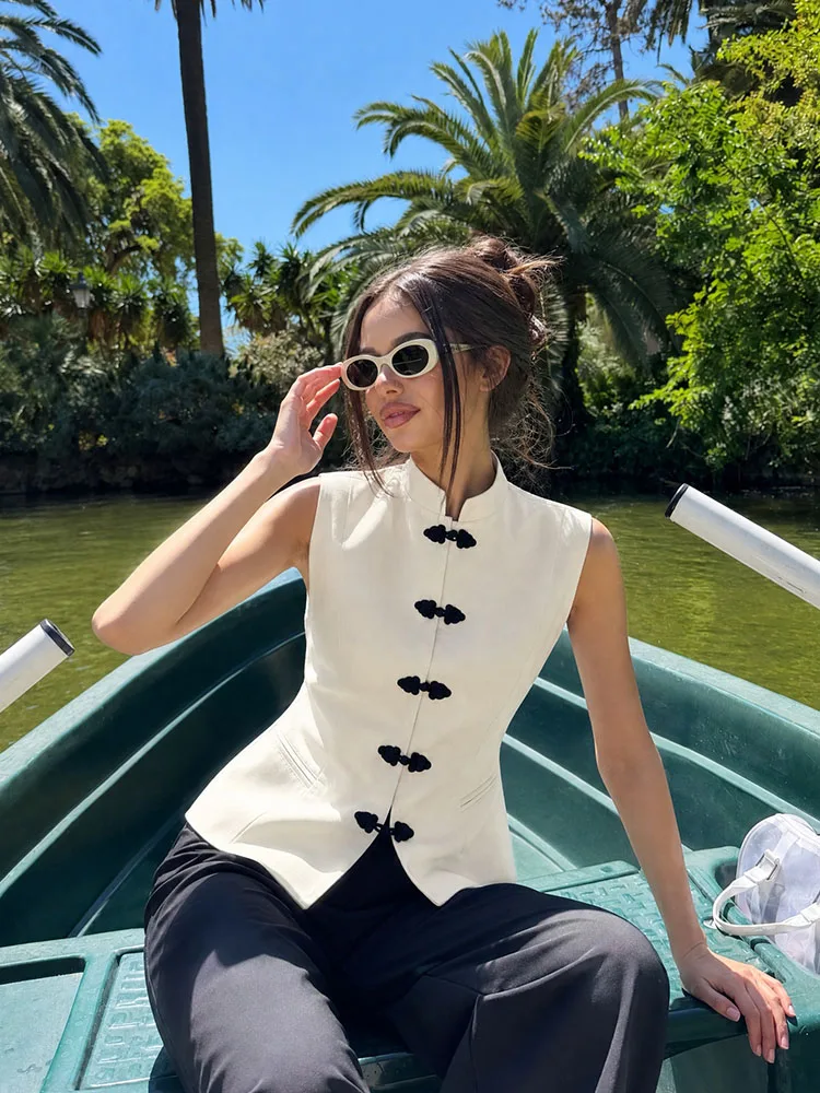 HH Women Summer Structured Off White Mandarin Collar Vest Frog Button Closure Tailored Waist Welt Pocket Sleeveless Outerwear