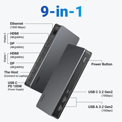 Imagen 2 del producto UGREEN USB C HUB estación de acoplamiento DisplayLink 9 en 1 2DP 2HDMI Dual 4K @ 60Hz para MacBook Windows 10Gbps PD100W Gigabit RJ45 puertos
