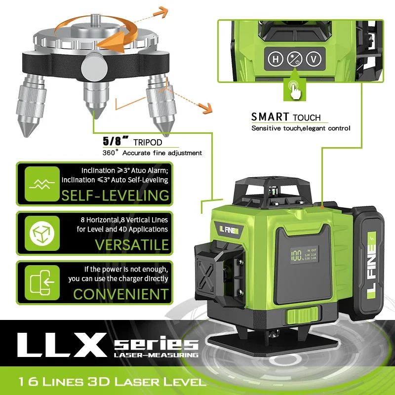 LFINE 16 Lines 4D Laser Level 12 Lines 3D level 360°Self-leveling Horizontal and Vertical Cross Super Powerful Green Laser Beams