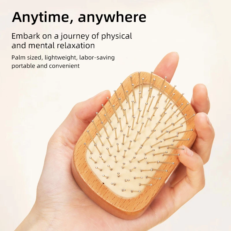 1pcs Small Beech Wood Hair Comb Airbag Head Detangled Massage Wood Steel Needle for Scalp Portable Hair Care Anti Static Comb