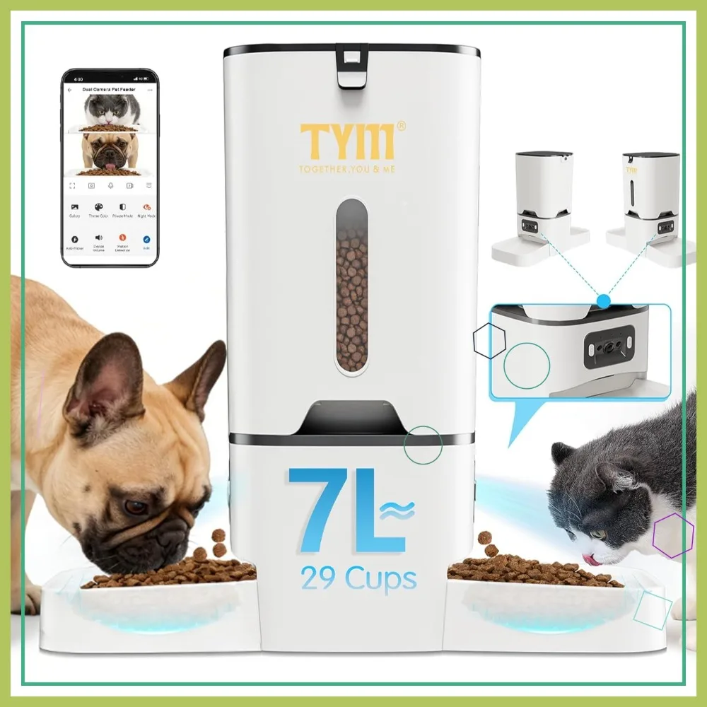 

Smart Cat Feeder with 2 Cameras, 7L Dispenser, Night Vision 2K, 5G WiFi, App Control for Multiple Pets
