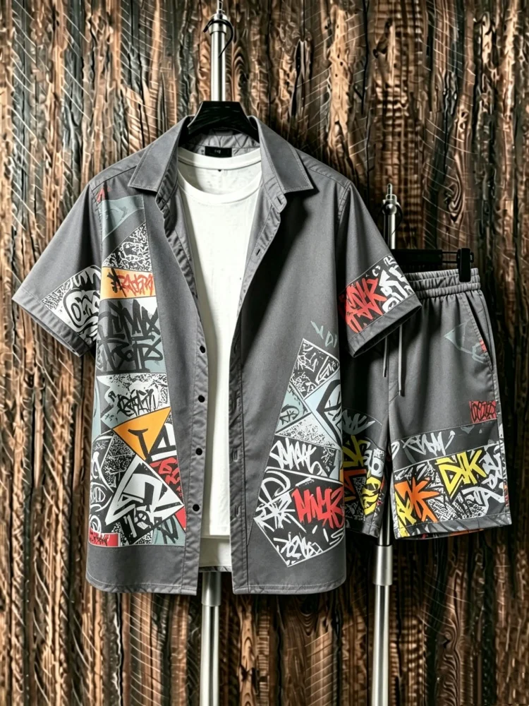

Men's Short Sleeve Shirt & Shorts Set, Loose Comfort Grey Street Graffiti Print Casual Summer Outfit, Stylish & Breathable