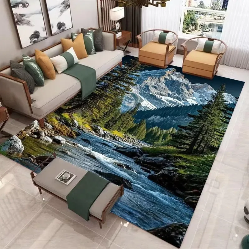 3D Realistic Santorini & Snow Mountain Natural Scenery Landscape Carpet Mat Rug - Modern Living Room Home Decor Bedroom Carpet