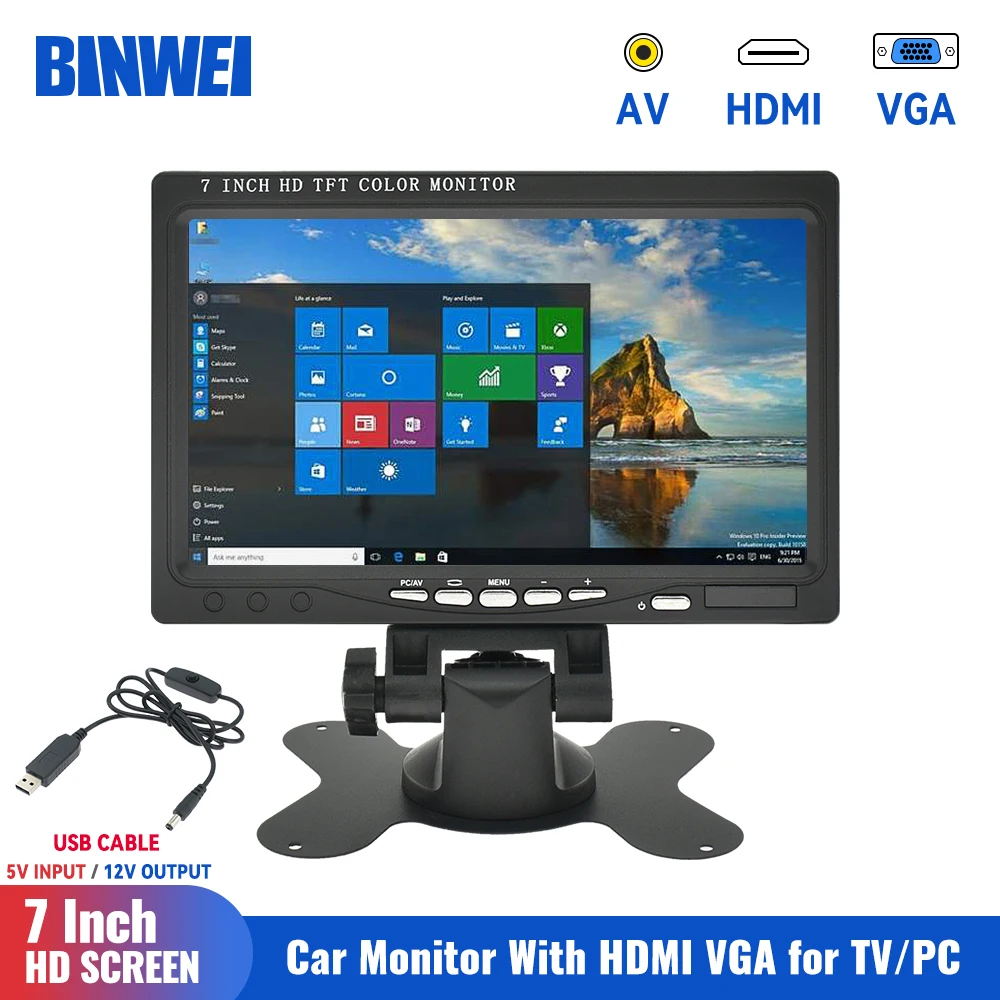 

BINWEI 7 Inch Car VGA Monitor with HDMI for TV Computer LCD Color Screen for Home Security System PC Backup Camera Display