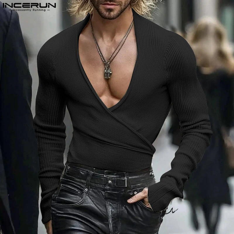 INCERUN Solid Color Long Sleeve Tops American Fashion Cross-Over Collar Texture T-shirts Men Well Fitting Sexy Knitted Camiseta image 3
