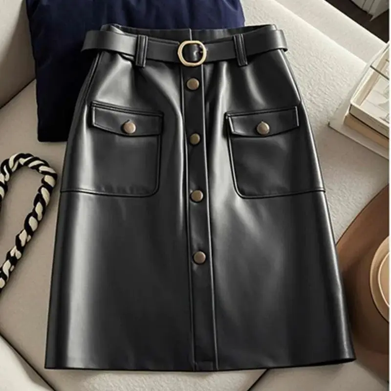 

Модная однобортная офисная женская юбка-карандаш с поясом 447P Осенняя новая юбка из искусственной кожи Элегантная тонкая юбка миди с высокой талией