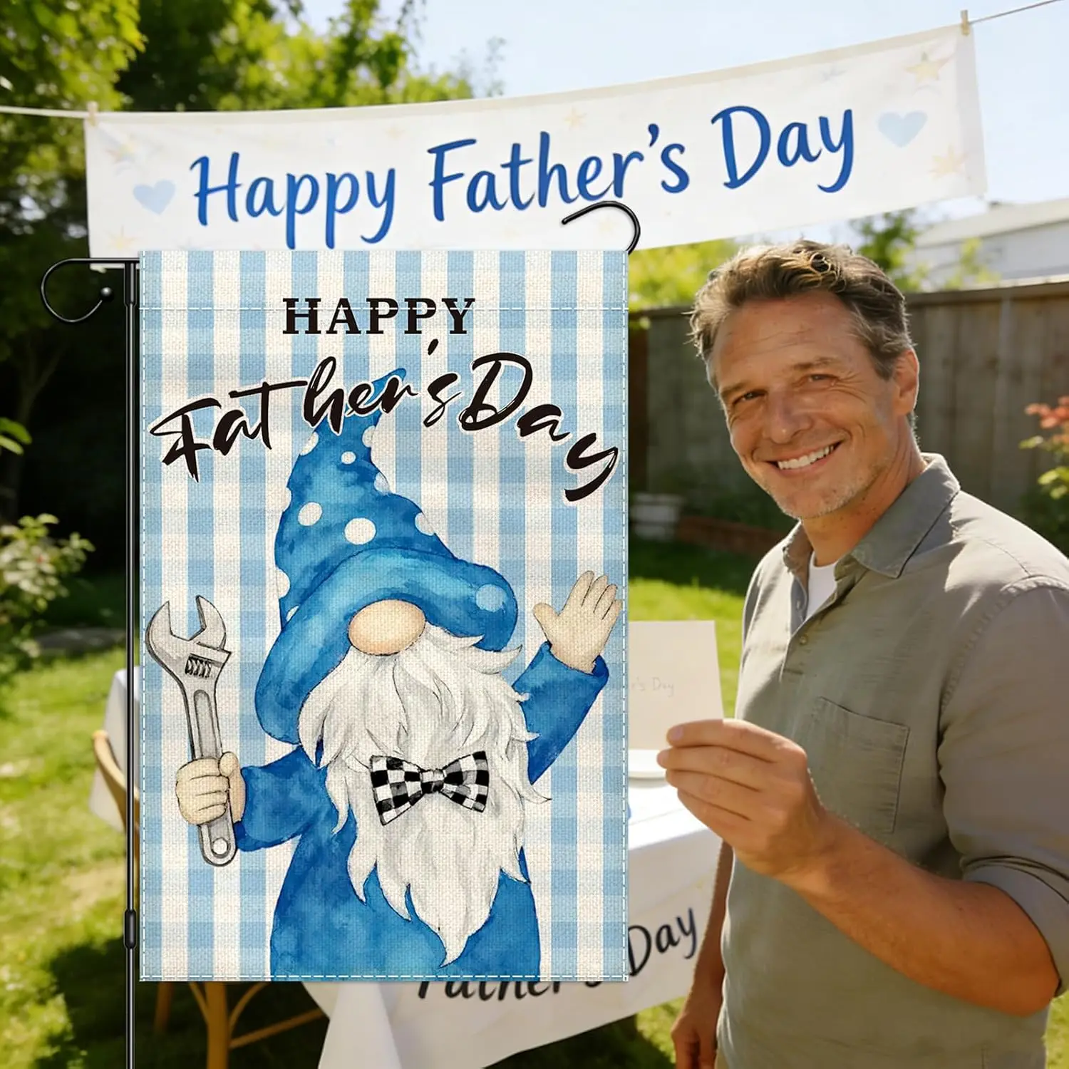 Happy Father's Day Garden Flag 12x18 Double Sided, Gnome Garden Flags for Holiday Outside, Small Burlap Yard Flag for Ou FFL IIC